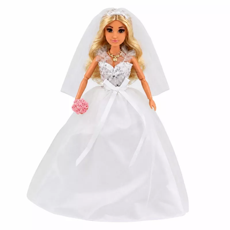LEAN TOYS boneca Anlily noiva com vestido de noiva de lantejoulas com véu, ramo de flores, bolo, sapatos, 29 cm
