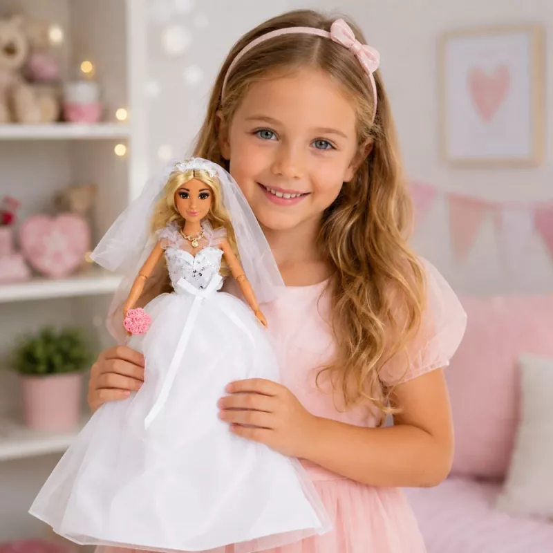 LEAN TOYS boneca Anlily noiva com vestido de noiva de lantejoulas com véu, ramo de flores, bolo, sapatos, 29 cm