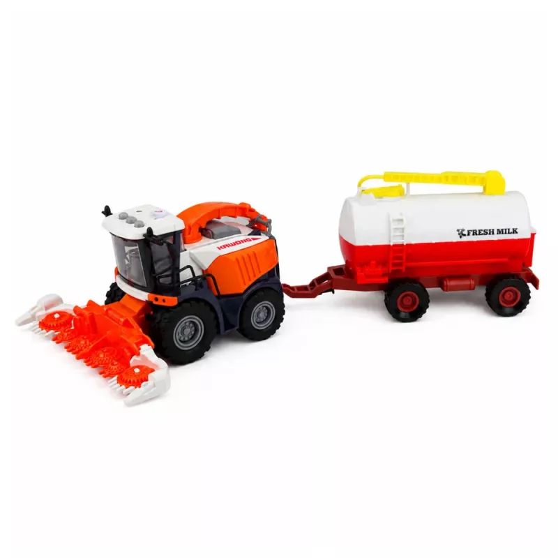 LEAN TOYS ceifeira-debulhadora com camião de leite, figuras de agricultor e vaca, luz e som, conjunto de quinta 4 peças