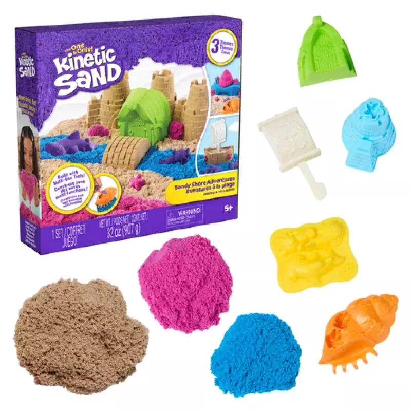 Kinetic Sand Beach Adventure Conjunto – 907g de areia em 3 cores com moldes, ferramentas e tabuleiro de brincar