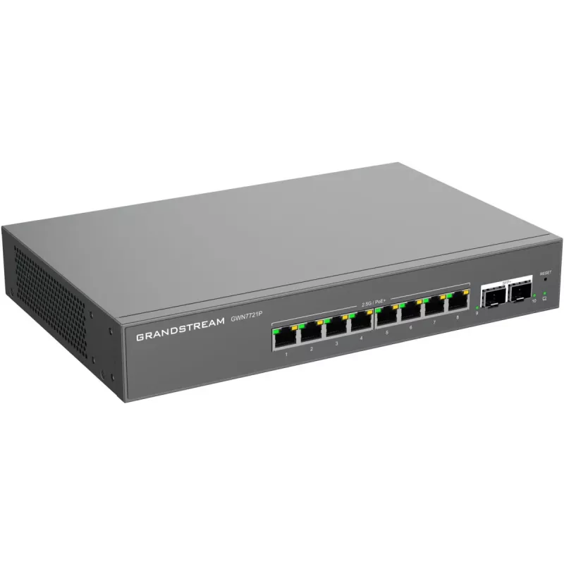 Switch Grandstream GWN7721P Layer 2 Lite Managed 2,5 Gigabit PoE+, 5 portas (4x 2,5G PoE+, 1x 2,5G), orçamento 60W, sem ventoinha, gerido por Cloud/Web