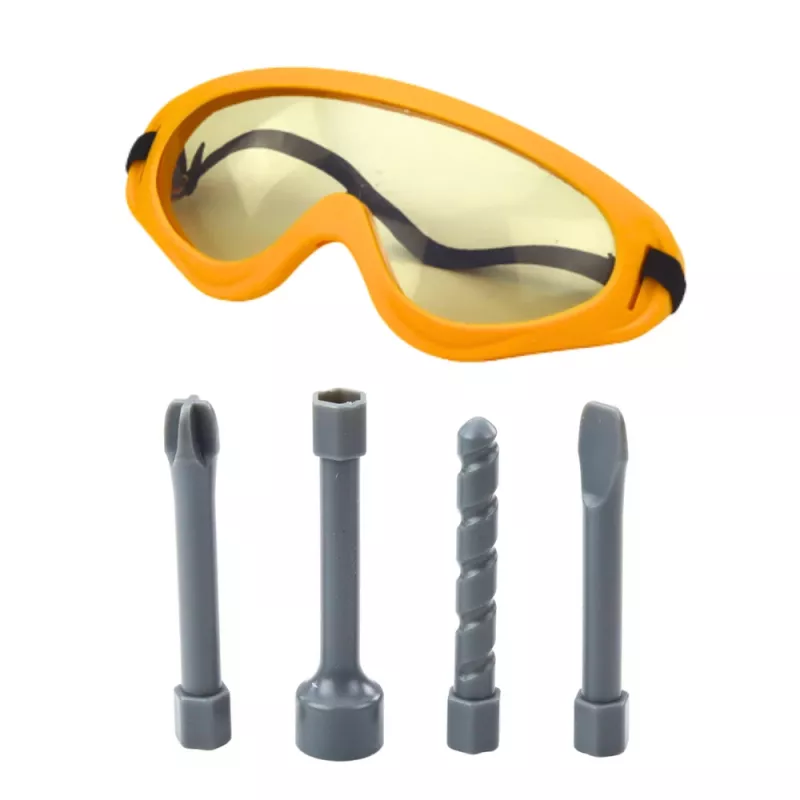 LEAN TOYS berbequim de brincar para crianças com 4 brocas intercambiáveis e óculos de proteção, ferramenta de brincar a pilhas com som realista e luz LED, amarelo