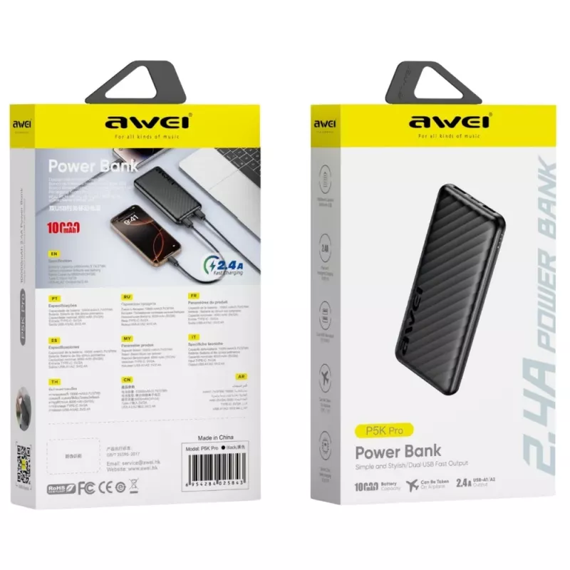 Powerbank AWEI P5K Pro 10000mAh 2xUSB - preto