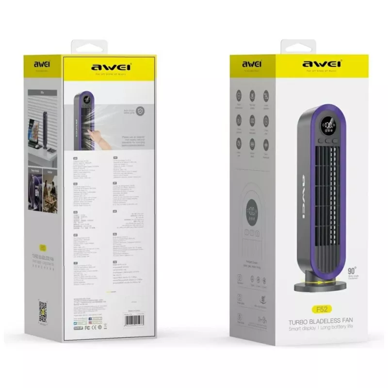 Ventilador de torre portátil AWEI F52 3600mAh recarregável por USB-C cinzento