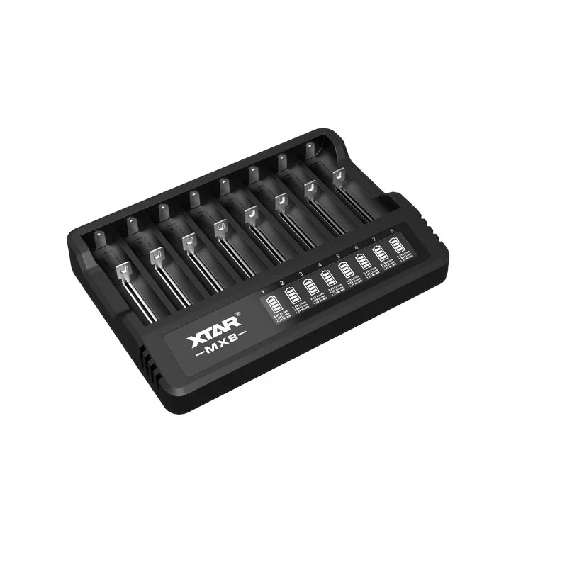XTAR MX8 USB-C Carregador de pilhas Li-ion/Ni-MH, 3,7V/1,5V/1,2V