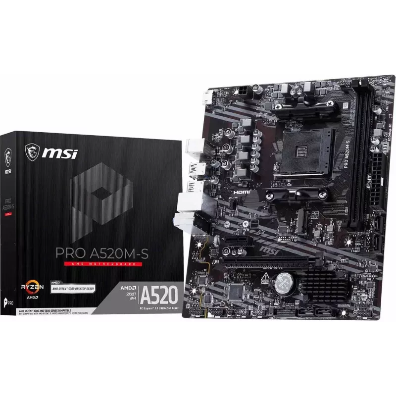 MSI A520M-S Placa-mãe AMD A520 AM4 Micro-ATX - DDR4, HDMI, DVI, VGA, Gigabit-LAN