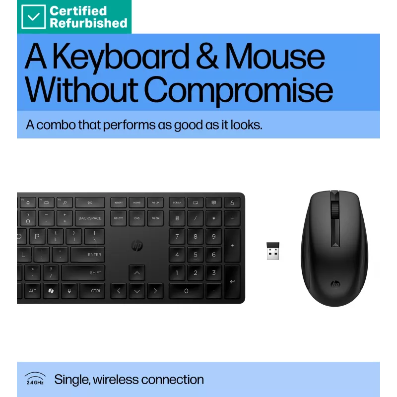 RENEW GOLD HP 655 Conjunto de teclado e rato sem fios, resistente a salpicos - Preto - Inglês dos EUA