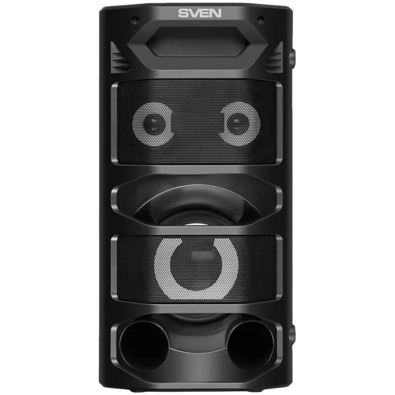 Altifalante portátil 2.0 SVEN PS-670, preto, potência 2x32,5 W (RMS), TWS, Bluetooth, FM, USB, microSD, ecrã LED, telecomando, bateria de lítio