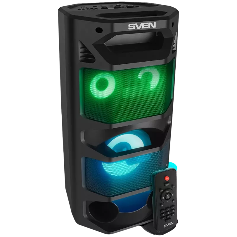 Altifalante portátil 2.0 SVEN PS-670, preto, potência 2x32,5 W (RMS), TWS, Bluetooth, FM, USB, microSD, ecrã LED, telecomando, bateria de lítio