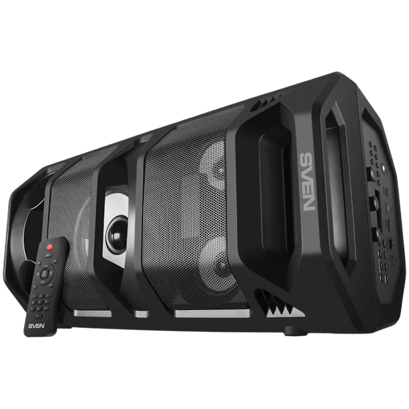 Altifalante portátil 2.0 SVEN PS-670, preto, potência 2x32,5 W (RMS), TWS, Bluetooth, FM, USB, microSD, ecrã LED, telecomando, bateria de lítio