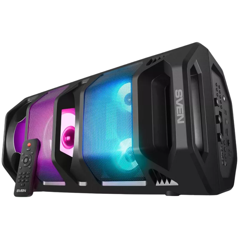 Altifalante portátil 2.0 SVEN PS-670, preto, potência 2x32,5 W (RMS), TWS, Bluetooth, FM, USB, microSD, ecrã LED, telecomando, bateria de lítio