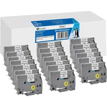 20x fita de etiquetas compatível G&G 12mm x 8m preto sobre branco para Brother TZe-231 (21568)