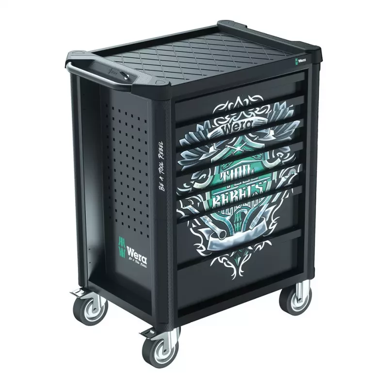 Wera 9700 Tool Rebel carrinho de oficina 1, 7 gavetas, tampo de trabalho em aço inoxidável, verde/preto