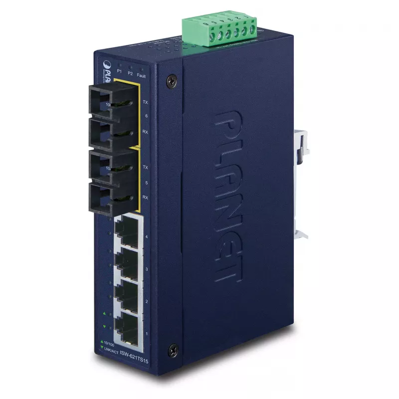 PLANET ISW-621TS15 Switch Fast Ethernet Industrial L2 não gerido com 4x 10/100 + 2x 100Base-FX SC multimodo, montagem em calha DIN/parede, -40 a 75 °C