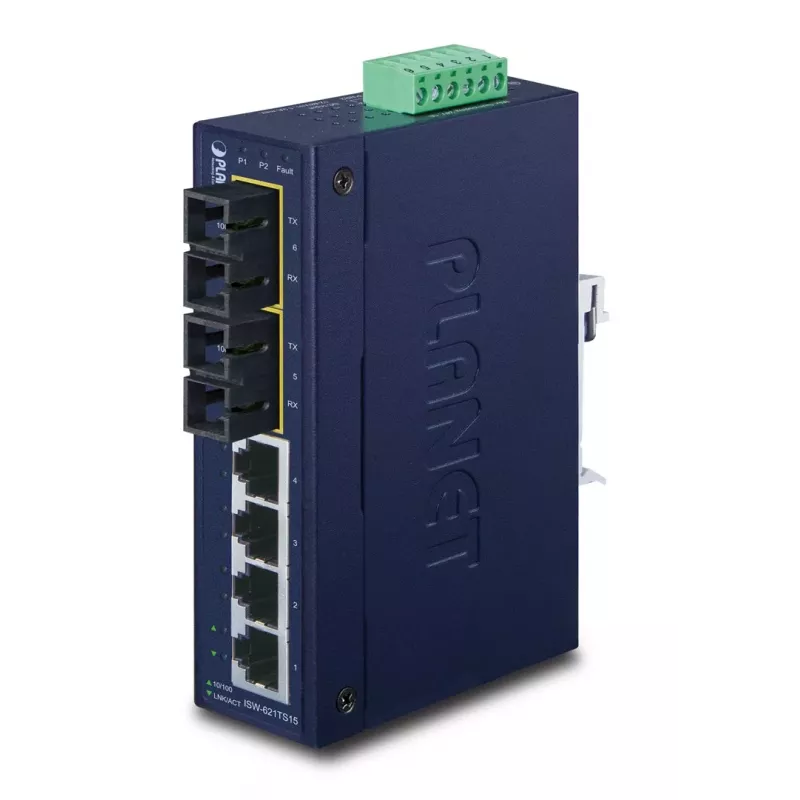 PLANET ISW-621TS15 Switch Fast Ethernet Industrial L2 não gerido com 4x 10/100 + 2x 100Base-FX SC multimodo, montagem em calha DIN/parede, -40 a 75 °C