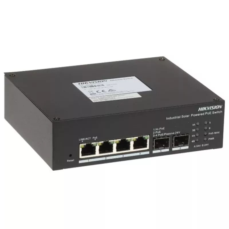 Switch PoE industrial solar gerido inteligente Hikvision DS-3T1506HP-EI-UPS LinkVu, 6 portas, 4x PoE++ 90W, 110W Budget, UPS integrada