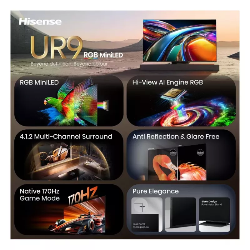 HISENSE 65UR9DS 65 polegadas 4K UHD RGB MiniLED Smart TV, 170Hz, 6ms, HDR, WiFi, Bluetooth, preto/cinzento