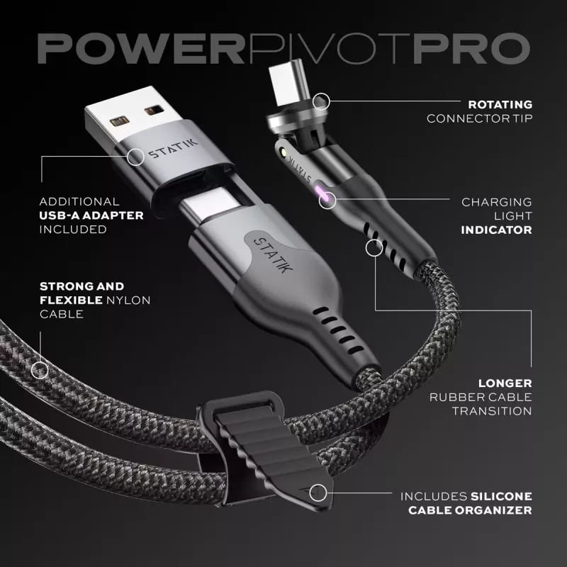 STATIK PowerPivot Pro cabo USB-C para USB-C entrançado em nylon 3m preto