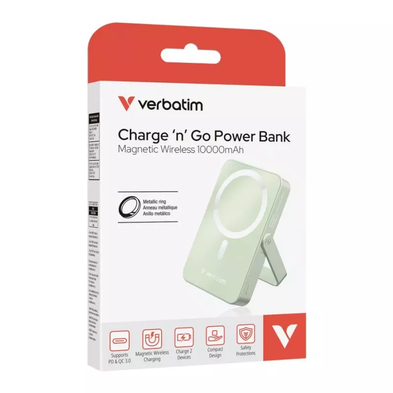 Power bank sem fios magnética Verbatim Charge 'n' Go com suporte 10000mAh USB-C PD 3.0 verde