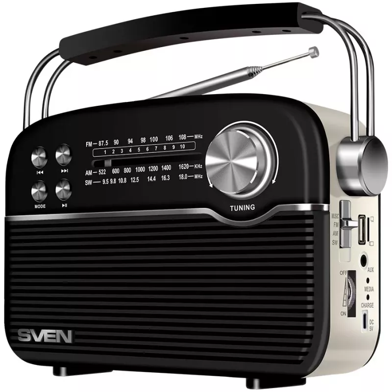 Altifalante SVEN SRP-500, preto (3W, Bluetooth, FM/AM/SW, USB, microSD, AUX, bateria)