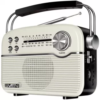Altifalante Bluetooth portátil SVEN SRP-500, branco (3W, rádio FM/AM/SW, USB, microSD, AUX, bateria)