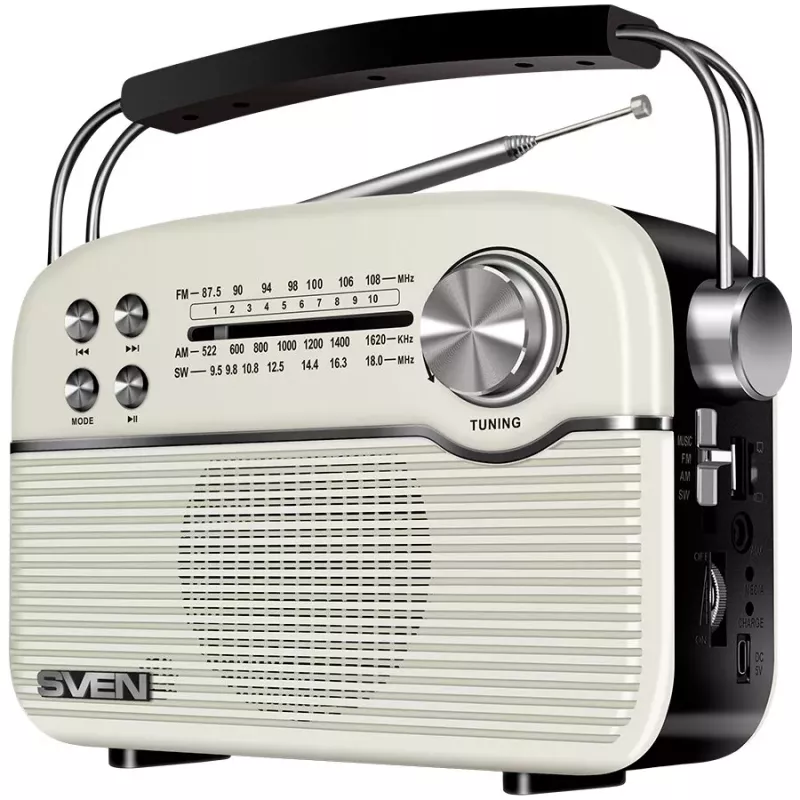 Altifalante Bluetooth portátil SVEN SRP-500, branco (3W, rádio FM/AM/SW, USB, microSD, AUX, bateria)