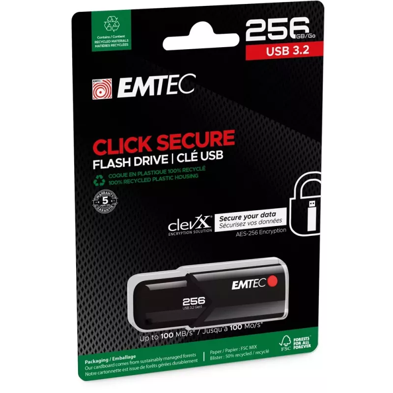 Pen USB Emtec USB 3.2 Click Secure B120 256GB preto