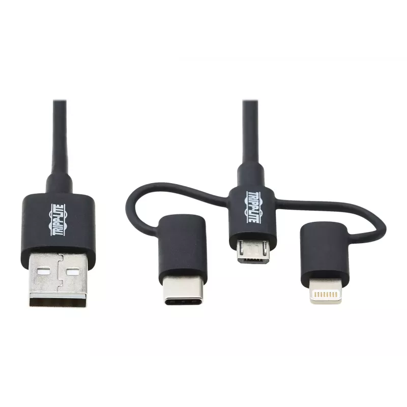 Eaton Tripp Lite Series cabo universal USB-A para Lightning, USB Micro-B e USB-C de sincronização/carregamento (M/3xM), certificado MFi, preto, 1,8 m