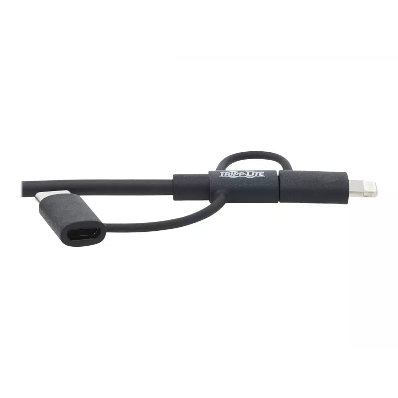 Eaton Tripp Lite Series cabo universal USB-A para Lightning, USB Micro-B e USB-C de sincronização/carregamento (M/3xM), certificado MFi, preto, 1,8 m