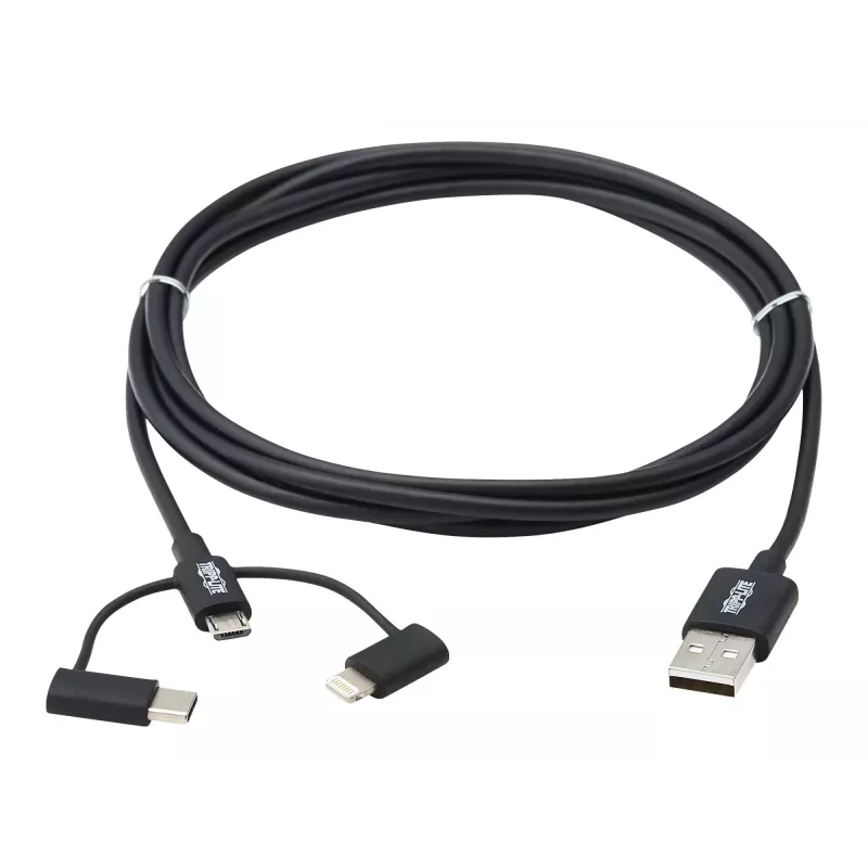 Eaton Tripp Lite Series cabo universal USB-A para Lightning, USB Micro-B e USB-C de sincronização/carregamento (M/3xM), certificado MFi, preto, 1,8 m