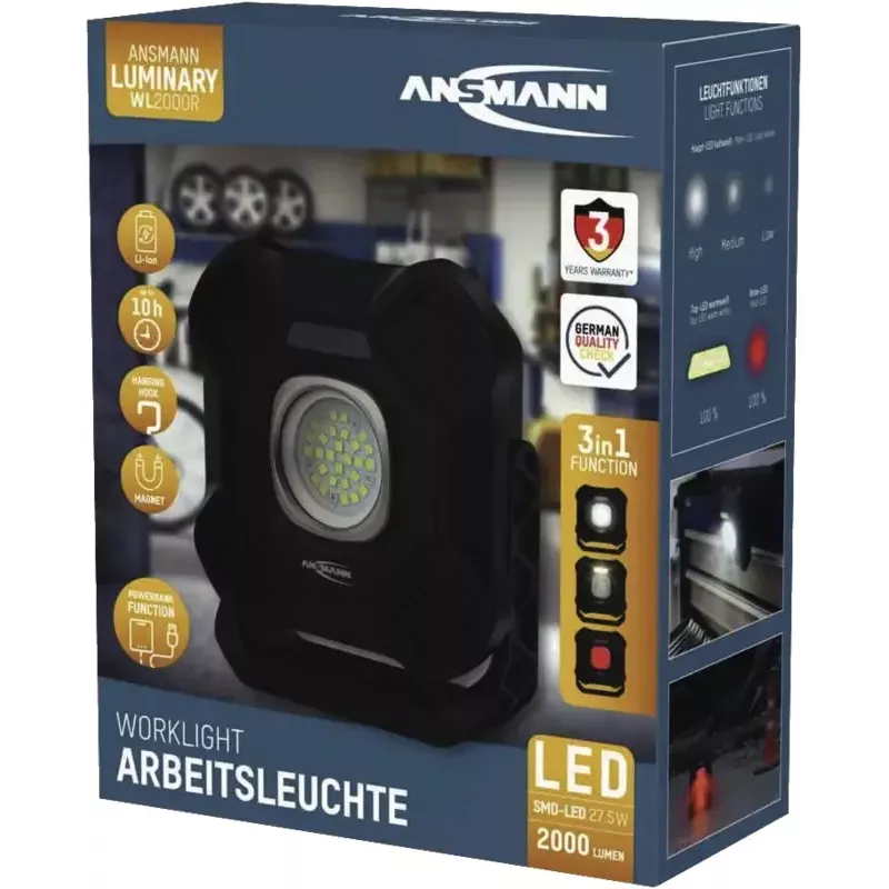 Candeeiro de Trabalho LED Recarregável ANSMANN WL2000R, Preto, 20W, 2000lm, com Íman, Gancho de Suspensão, Tripé - 1 unid. (1600-0755)