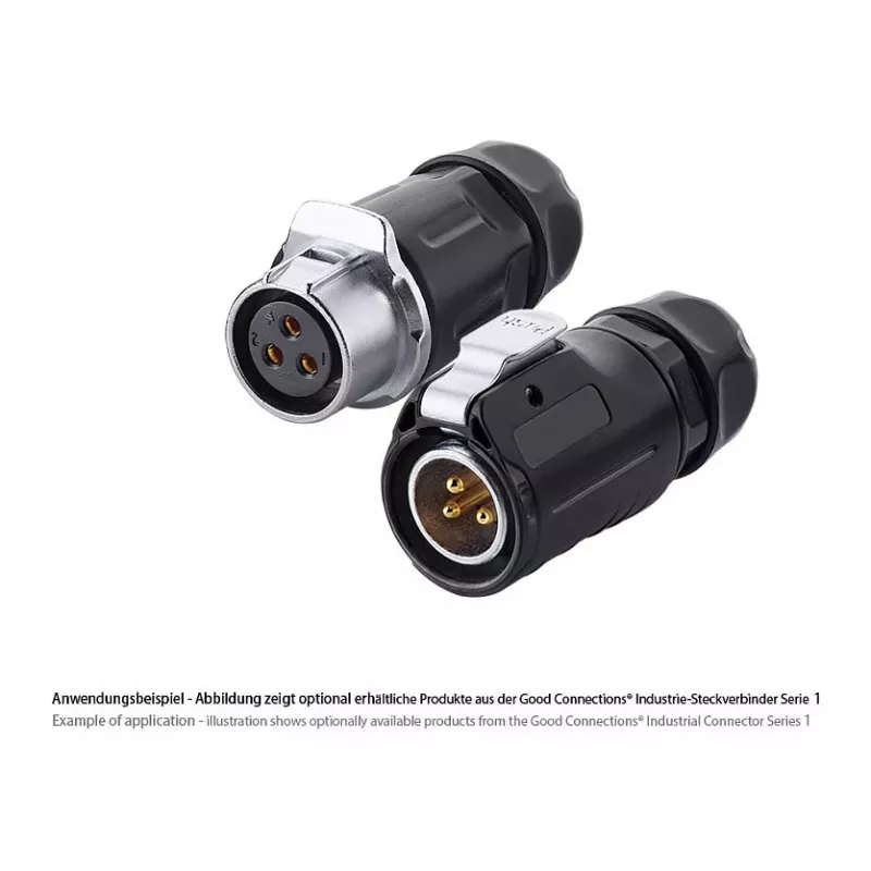 GoodConnections IC01-20P301 conector industrial S1 Power, ficha de 3 pinos, M20, bloqueio click, terminal de soldar, IP65/66