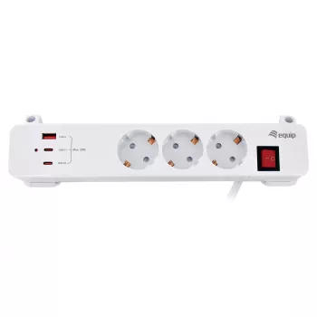Equip Régua de tomadas CEE 7/7 90° para 3x Schuko / 2x USB-C + USB-A, Branco, 1,5m