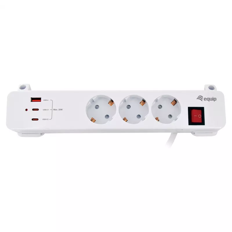 Equip Régua de tomadas CEE 7/7 90° para 3x Schuko / 2x USB-C + USB-A, Branco, 1,5m