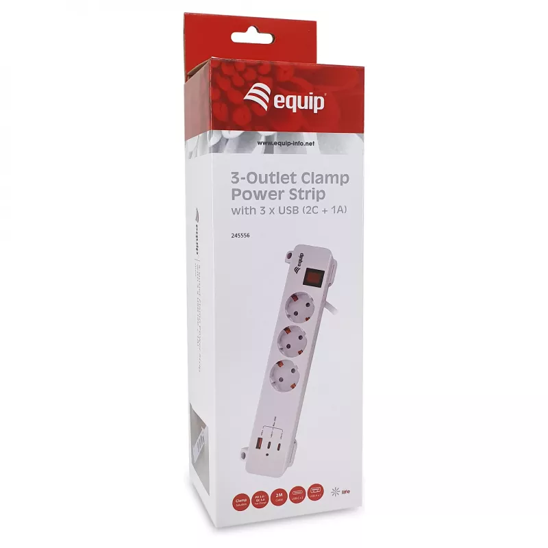 Equip Régua de tomadas CEE 7/7 90° para 3x Schuko / 2x USB-C + USB-A, Branco, 1,5m