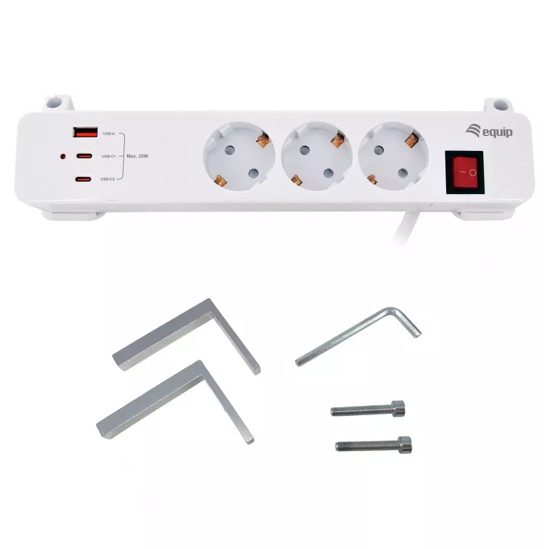 Equip Régua de tomadas CEE 7/7 90° para 3x Schuko / 2x USB-C + USB-A, Branco, 1,5m
