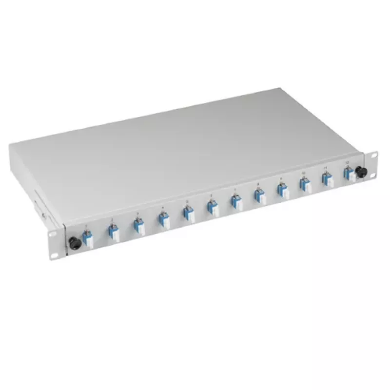 Caixa de fusão LC EFB Elektronik B71921L12 OS2 monomodo 12 pigtails / 6 acopladores, azul/cinzento, metal, 483 mm