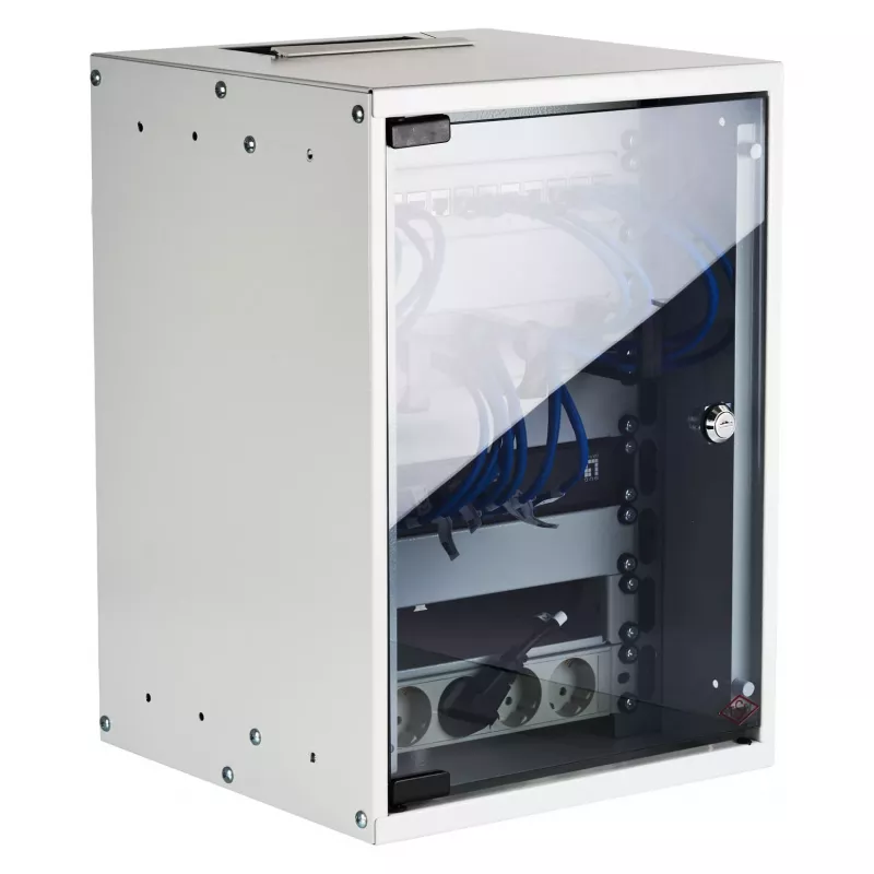 Armário de parede EFB 10 polegadas 9U 300mm profundidade cinzento claro (RAL 7035) com porta de vidro de segurança
