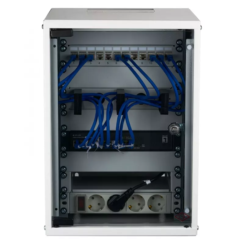 Armário de parede EFB 10 polegadas 9U 300mm profundidade cinzento claro (RAL 7035) com porta de vidro de segurança
