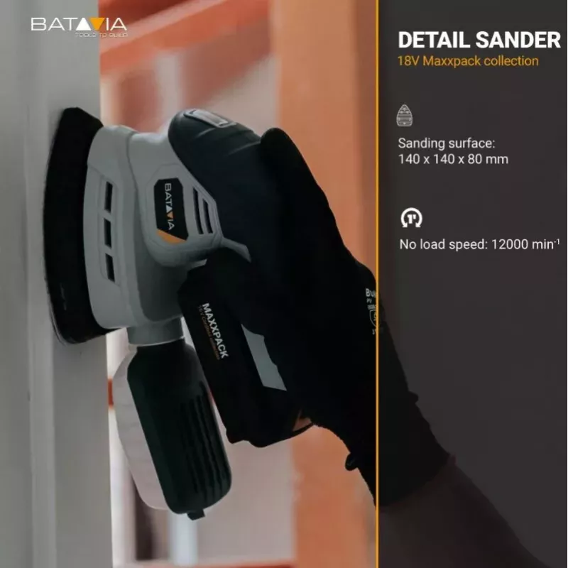 Lixadeira de detalhe a bateria Batavia 18V (apenas ferramenta) - plataforma Maxxpack 18V, prato de lixar delta, velcro, aspiração de pó, punho soft