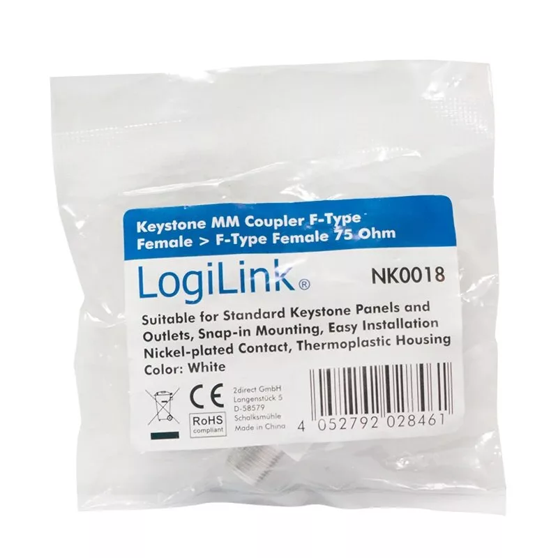 Acoplador em linha Keystone LogiLink fêmea F para fêmea F 75 Ohm branco