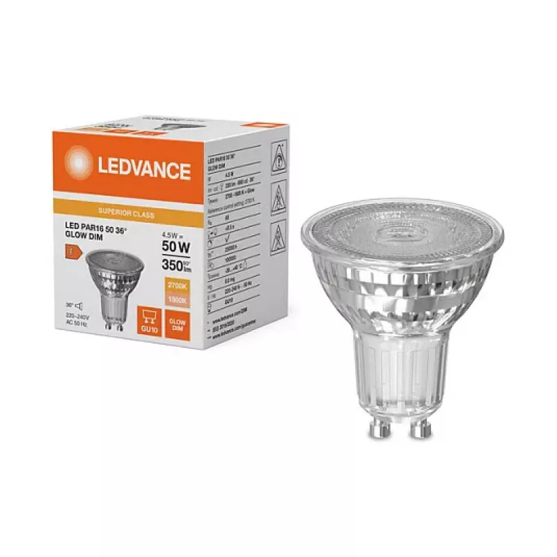 OSRAM PAR16 50 4,5W 827 GU10 lâmpada refletora LED, 350 lm, 1800-2700 K, Dim-to-Warm, regulável