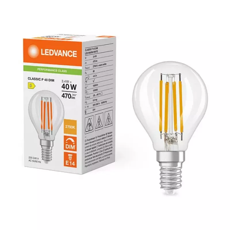 OSRAM CLP40 DIM 3.4W 827 FIL CL E14 P lâmpada LED em gota regulável transparente 2700K