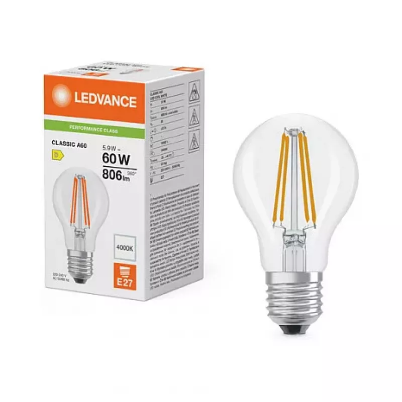 OSRAM LED Classic A 60 Filament P 5.9W 840 transparente E27 lâmpada LED, forma clássica