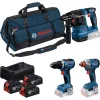 BOSCH Power Tools 18V Professional Combo Kit: martelo perfurador GBH 18V-22 + aparafusadora GSR 18V-65 + chave de impacto GDX 18V-285 (azul/preto, 3x baterias Li-Ion 5,0 Ah, bolsa de ferramentas)