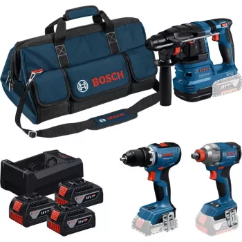 BOSCH Power Tools 18V Professional Combo Kit: martelo perfurador GBH 18V-22 + aparafusadora GSR 18V-65 + chave de impacto GDX 18V-285 (azul/preto, 3x baterias Li-Ion 5,0 Ah, bolsa de ferramentas)