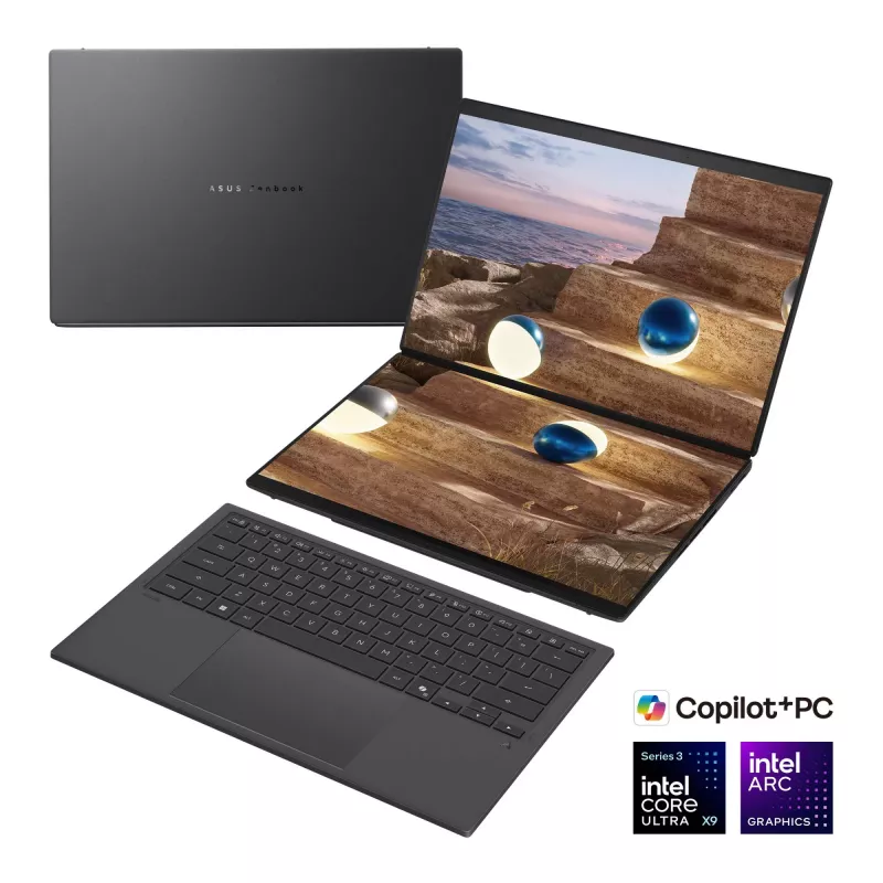 ASUS Zenbook Duo UX8407AA-SN066W portátil 14 polegadas OLED ecrã tátil 3K 144Hz, Intel Core Ultra 9 388H, 32GB LPDDR5X, 2TB SSD, Intel Arc Graphics, Windows 11 Home, Moher Gray