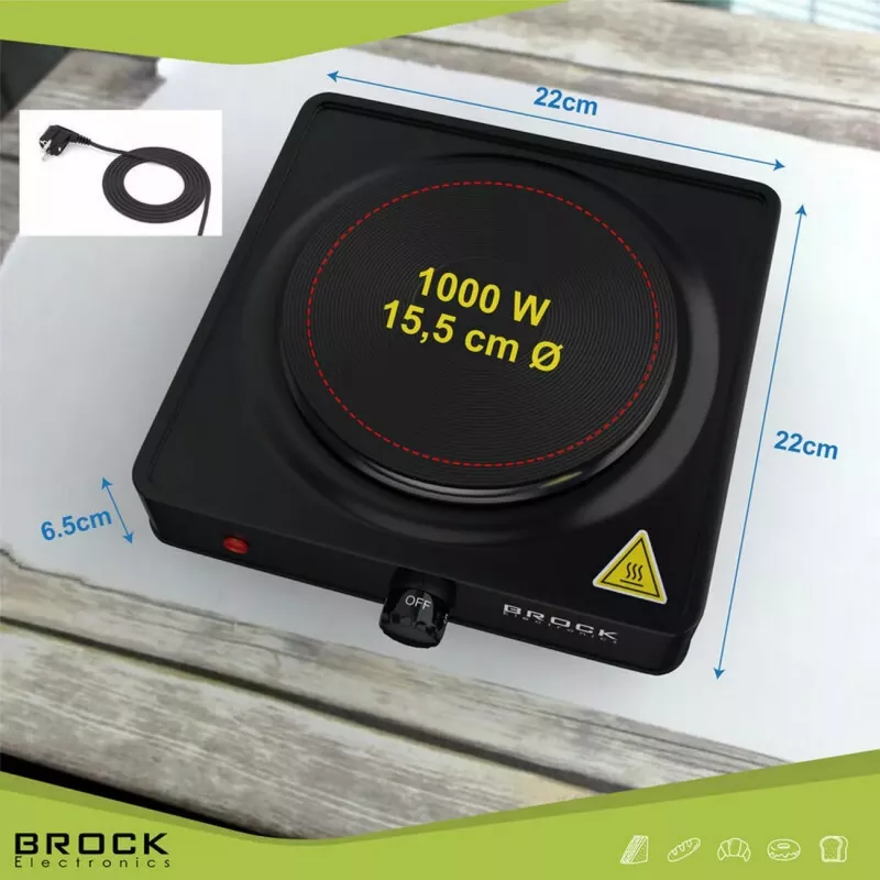 Brock EP 100 BK placa elétrica individual, 1500 W, preto