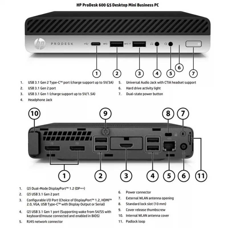 HP ProDesk 600 G5 mini de secretária recondicionado Intel Core i3-9100T 8GB RAM 128GB SSD NVMe Intel UHD Graphics 630 Windows 11 Home grau B