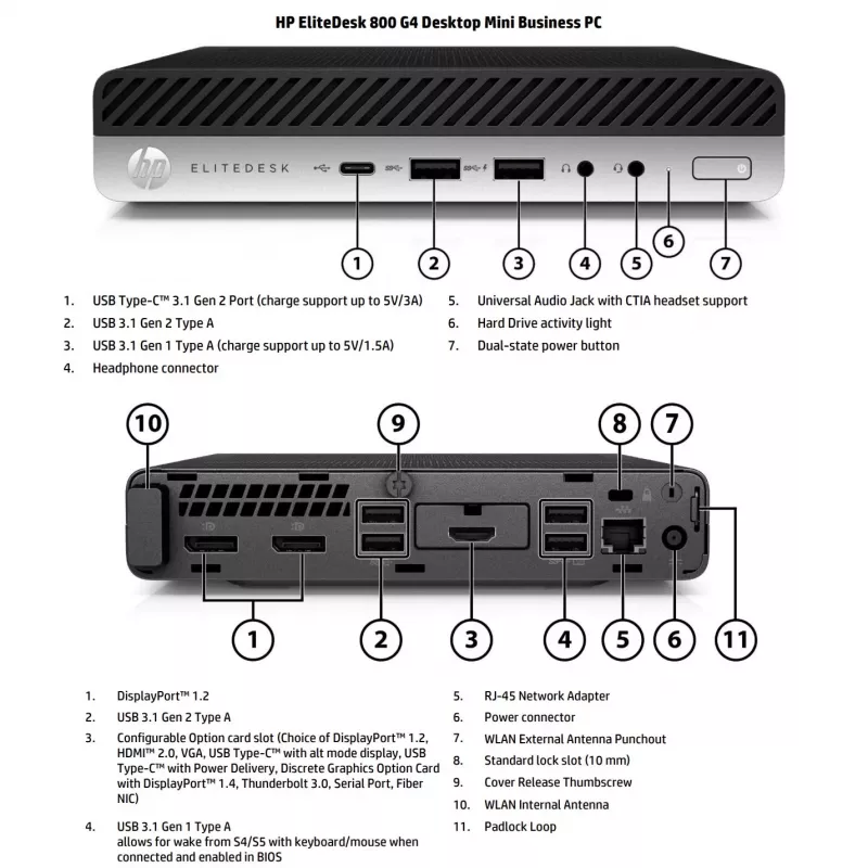 Mini PC HP EliteDesk 800 G4 recondicionado, Intel Core i5-8500T, 8GB RAM, 256GB SSD, Windows 11 Pro